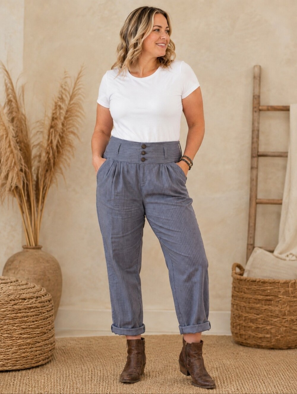 Sundance Amelia Striped Linen Blend Hi-rise Pants Lagenlook Boho Art Women's 16